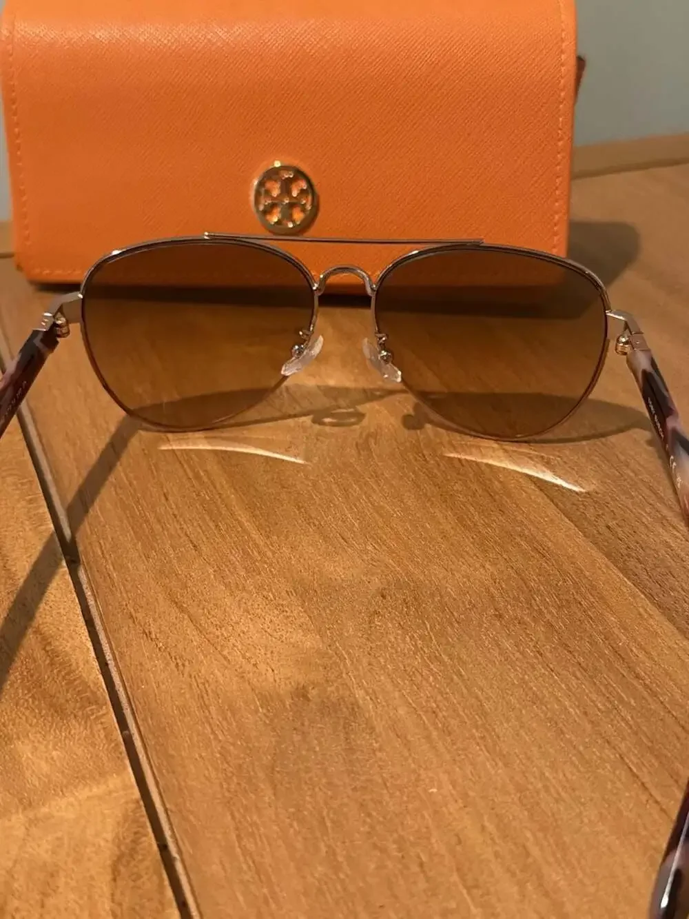 Tory Burch Aviator Sunglasses with Tortoiseshell Temples and Case